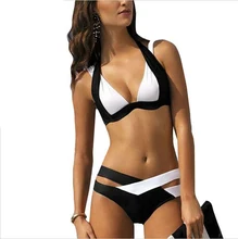 Women Sexy Chic Spaghetti Strap Color Block Criss Cross Bikini Set Halter Push Up Swimwear Strap