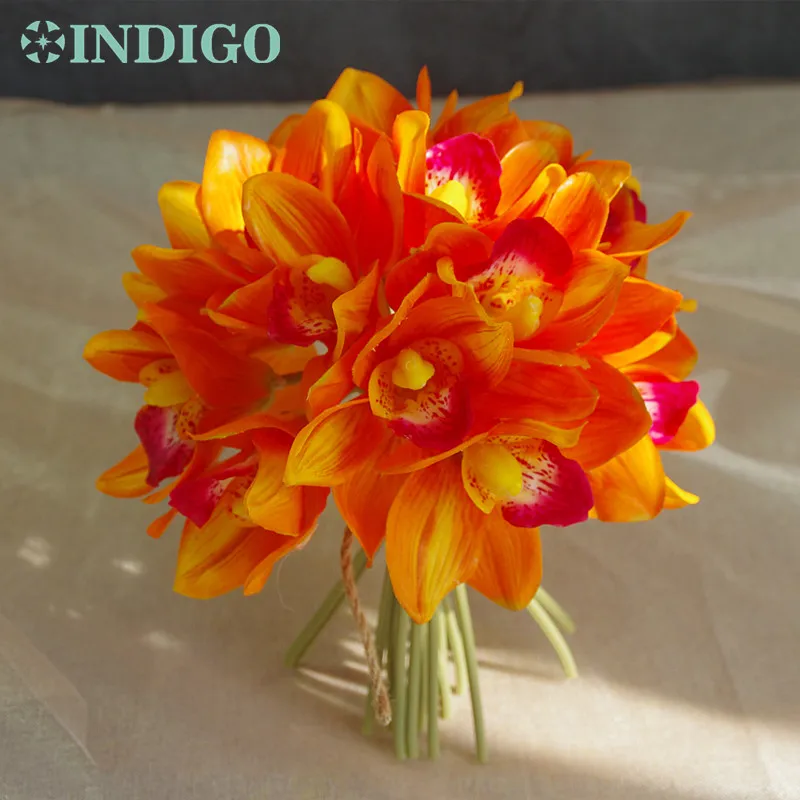 

20 pcs/Lot Sunset Cymbidium Orchid Bride Banquet Flower Real Touch Flower Bunch Wedding Party Home Table Flower Free Shipping