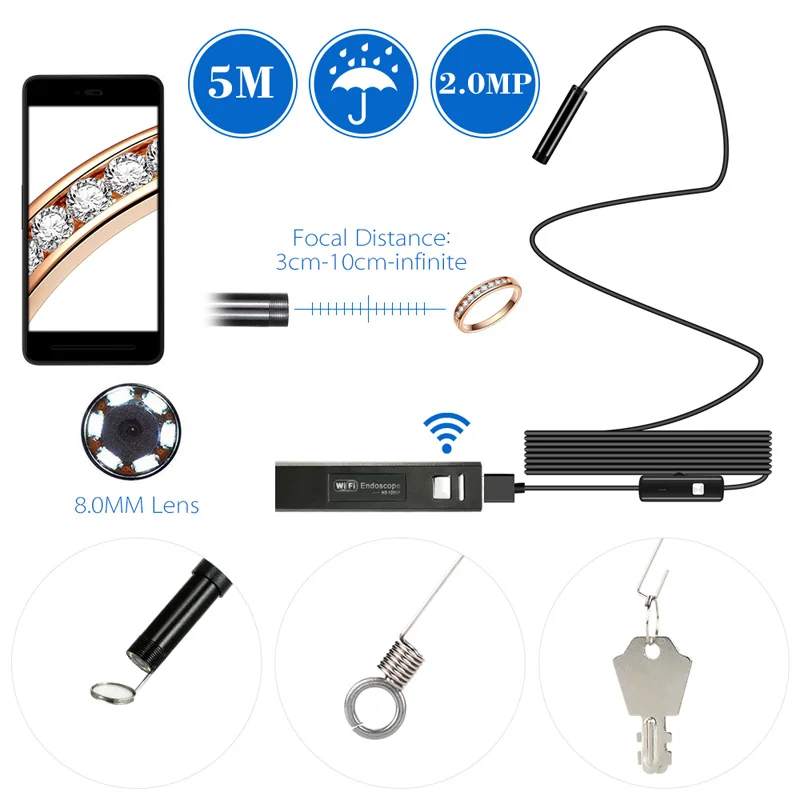 

WIFI Endoscope Camera HD 1200P Mini Waterproof Soft Cable 2.0 Megapixels Inspection Camera 8mm 8LED 1M/2M/3.5M/5M USB Endoscope