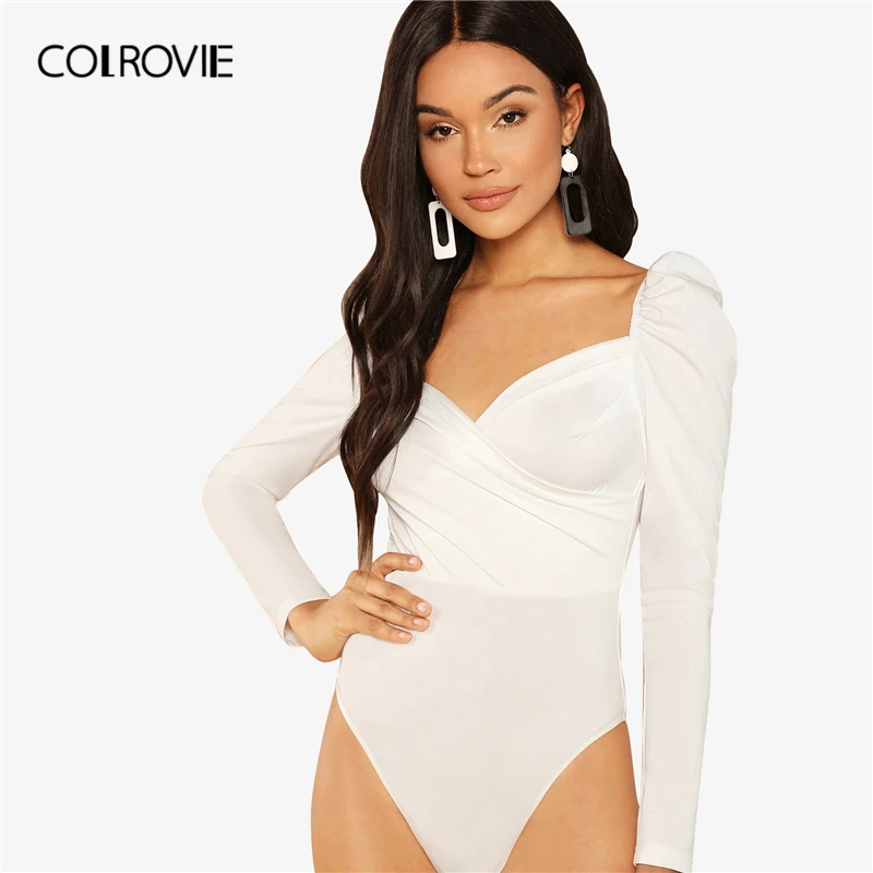COLROVIE Solid Ruched Puff Sleeve Skinny White Bodysuit Women Autumn Long Sleeve Sexy Body Office Female Basic Bodysuits COLROVIE Solid Ruched Puff Sleeve Skinny White Bodysuit Women Autumn Long Sleeve Sexy Body Office Female Basic Bodysuits