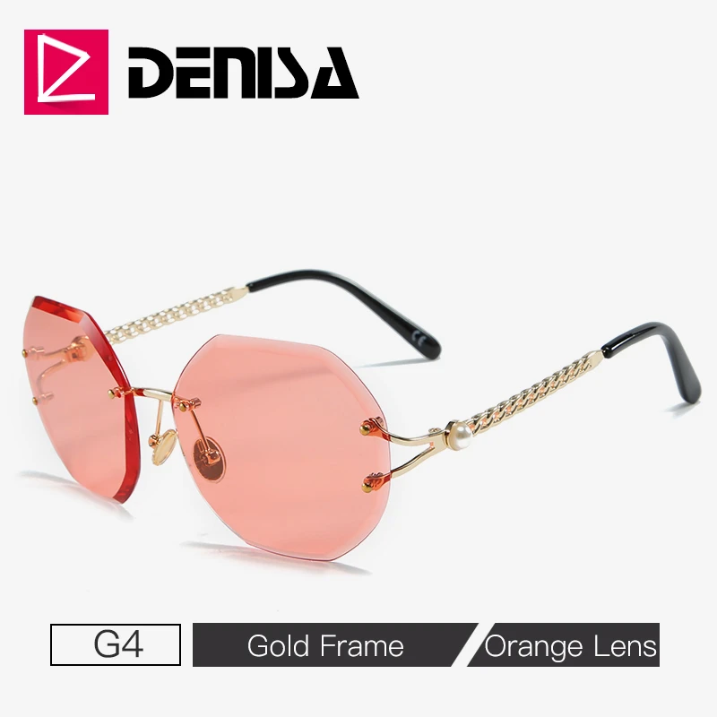 DENISA Pearl Rimless Ladies Sunglasses Unique Frame Polygon Womens Sunglasses Brand Designer UV400 Fashion gozluk G23001 - Цвет линз: G4 Orange Sunglasses