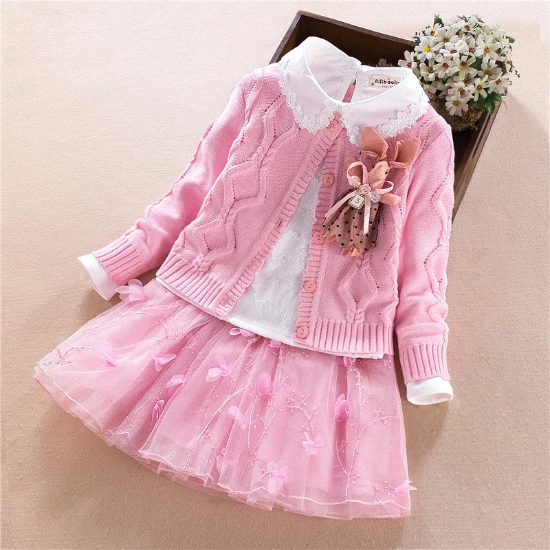 

Children Clothing 2018 Autumn Korean Girls Clothing 3pcs Set Long Sleeve Sweater Kids Cardigan Pom Pom Sweater Children's Dress