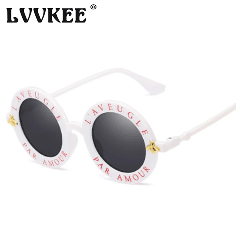 

LVVKEE Women English Letters Little Bee Sun Glasses Men Women Brand Retro Round Sunglasses Fashion Designer Male Female Glasses