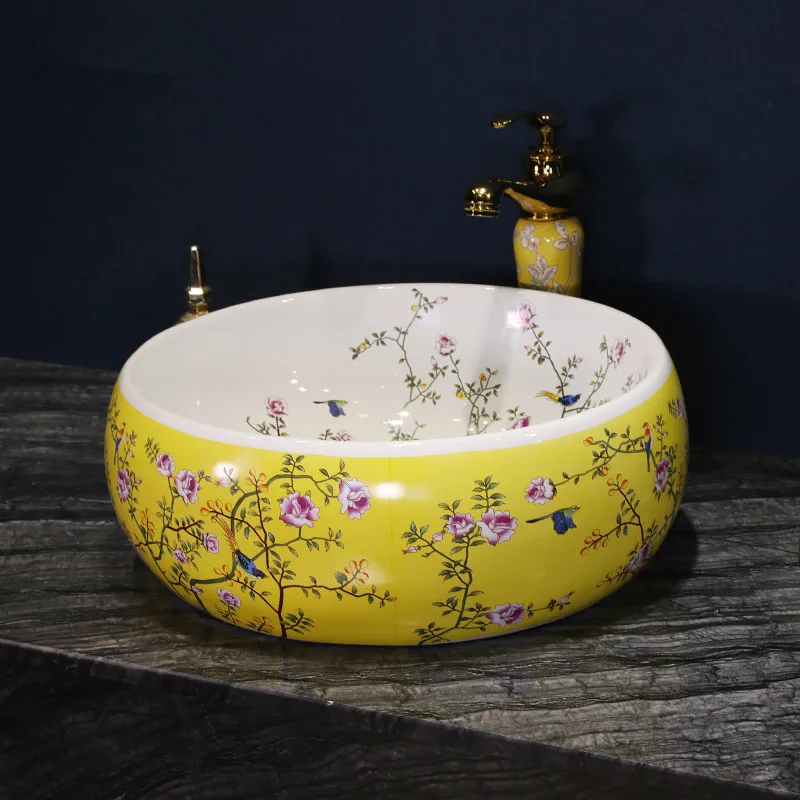 Chinese wash basin sink bathroom sink bowl countertop Ceramic washbasin bathroom sink flower and bird yellow (2)