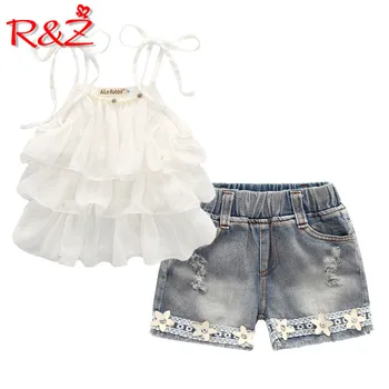 

R&Z baby suit 2019 Summer Girls New Korean Chiffon Sling Ruffle Beaded Top camiseta Fashion Flower Denim Shorts Set