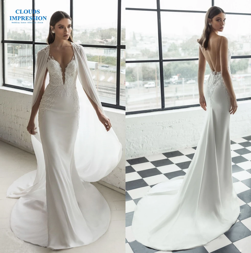 

CLOUDS IMPRESSION Romantic Vestido De Novia Mermaid Beading Crystal Sexy Bridal Gowns Vintage Wedding Dresses 2019 Two-piece