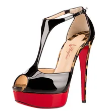 Shofoo Sexy Shoes Womens Peep Toe High Heels Red Bottoms Hand Crafted T-strap Platform Pumps 15CM