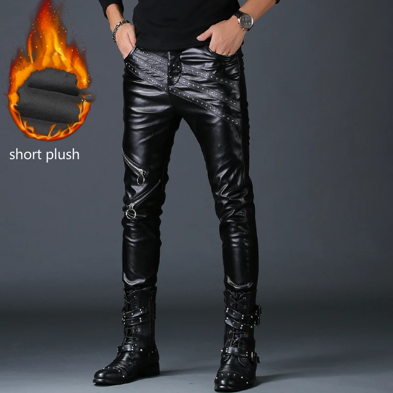 New Mens Fashion Faux Leather Pants Black Motorcycle Slim Fit Trousers Boot Cut