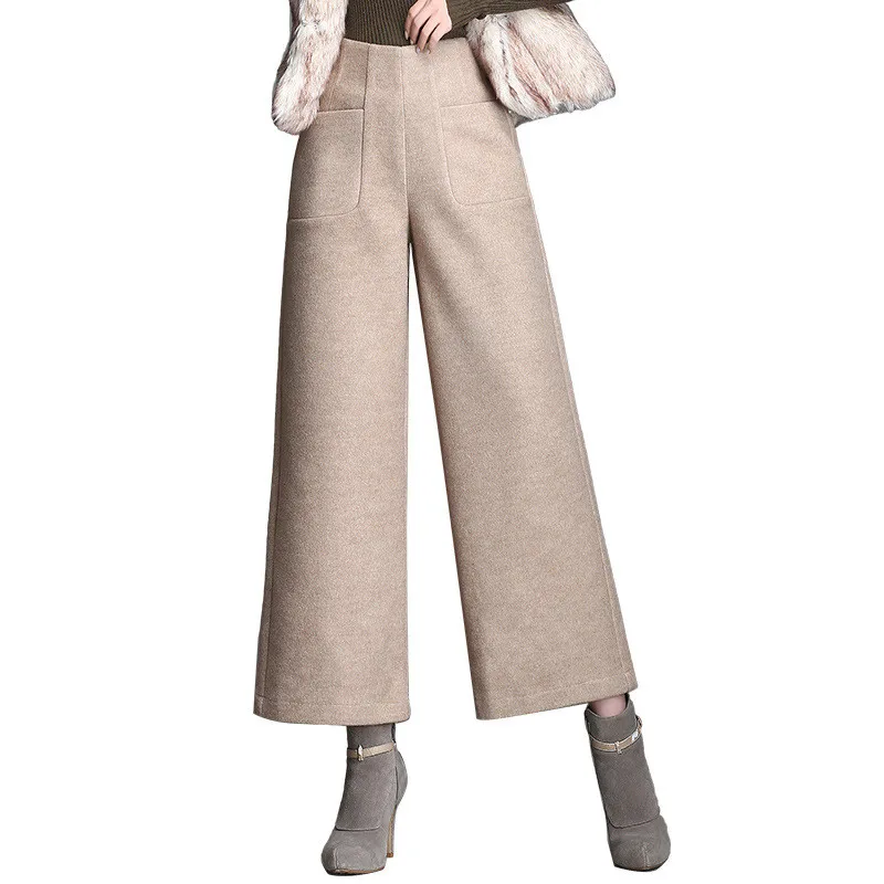 

Autumn Winter Woolen Pants Women Black Brown High Waist Pantaloon Female Korean Wide Leg Pants Plus Size 4XL Office Sweatpants