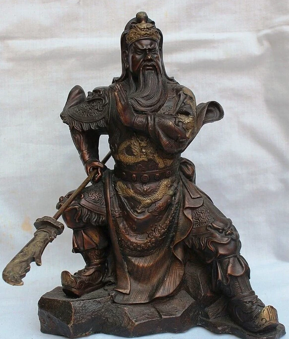 11&quot China Chinese Fengshui Bronze Dragon Guan Gong Yu Lord God &amp Sword Statue K | Дом и сад