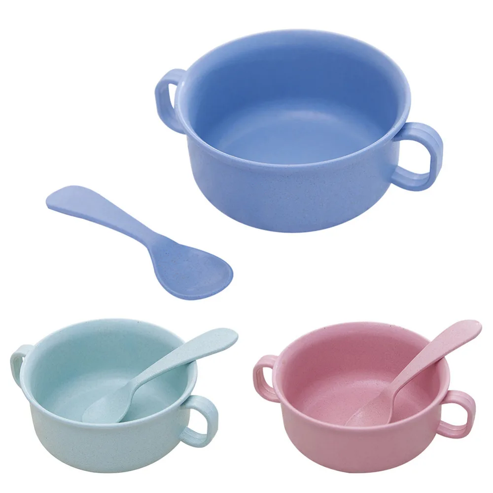 Children's Bowl+ Spoon Shatter Resistant Heat Proof Bowl Wheat Straw Tableware With Handle Baby Dinnerware Set