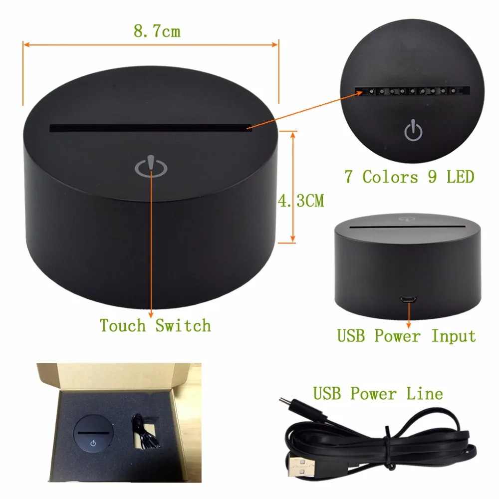 

3D Acrylic Visual Light LED Lamp Black Base 6.7cm Insert Length