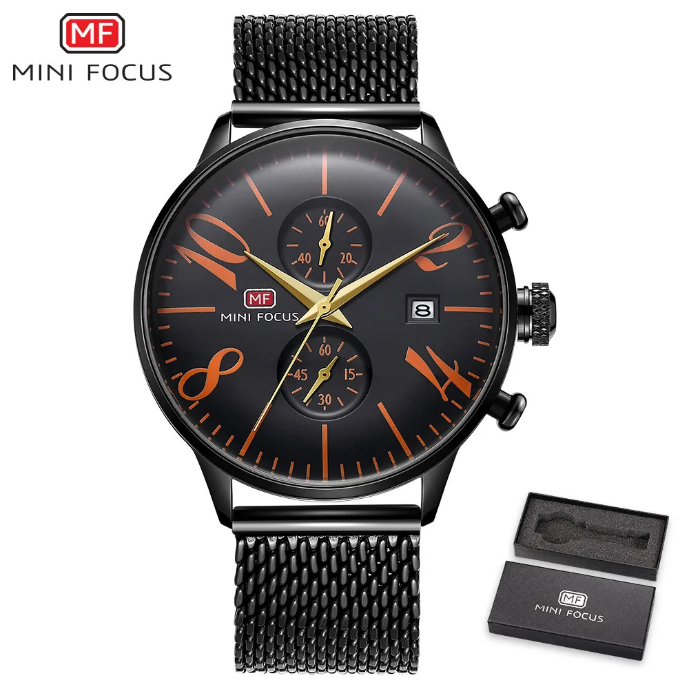 

MINIFOCUS Fashion Black Watch Men Quartz Clock Ultra Thin Mesh Strap 2 Sub-dials Date Display Waterproof Wrist Watches + BOX