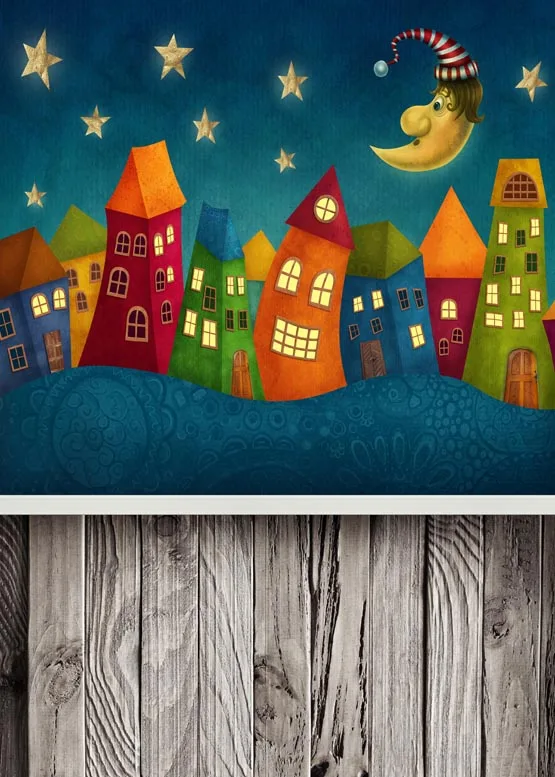 

Custom vinyl print cloth cartoon night moon city photography backdrops for kids photo studio portrait backgrounds props S-1139