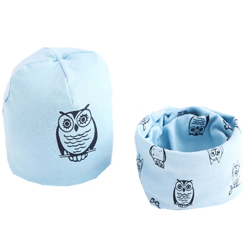 light blue owl Новые Хлопковые плюшевые шапки для девочек с шарфом Фрукты Сова-овца Звезды Львиная шапочка для мальчиков Детская шапка с шарфом и воротником Комплект хлопчатобумажной шапки для детей - Цвет: light blue owl