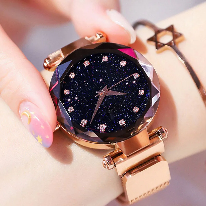 

Rose Gold Women Watches Starry Sky Magnetic Watch Women Quartz Bracelet Rhinestone Female Clock Montre Femme Relogio Feminino