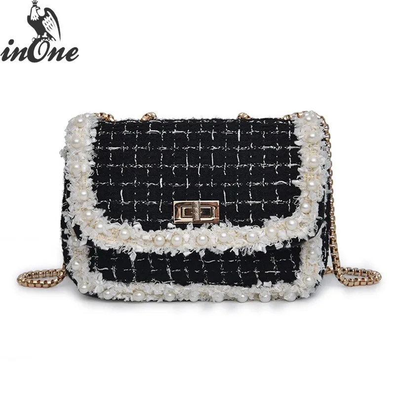 

INONE Ladies Hand Bags Multi Color Cotton Fabric Messenger Shoulder Crossbody Bags for Women 2019 Handbag Fur Pearl Chain Purse
