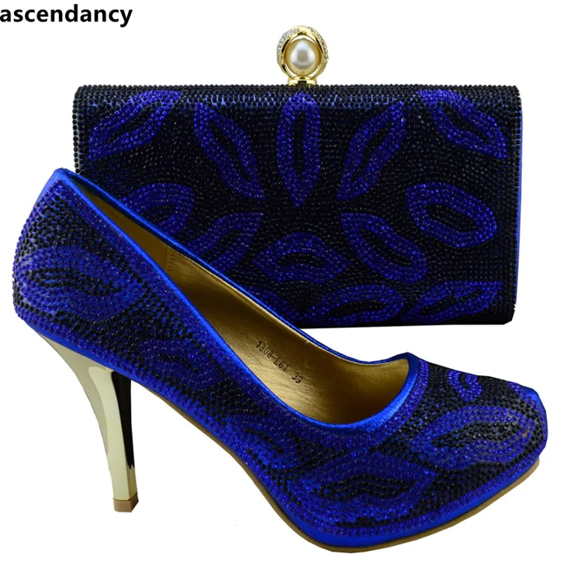 New Arrival Royal Blue Shoes and Bag Set Decorated with Rhinestone African Shoe Italian Design Wedding | Обувь