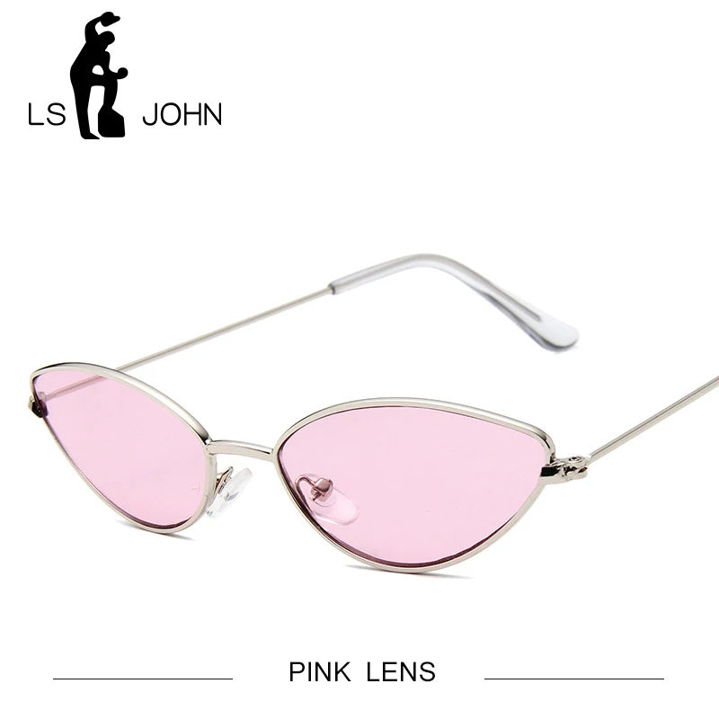 LS JOHN Small Cat Eye Солнцезащитные очки женские желтые солнцезащитные очки с красными линзами модные легкие солнцезащитные очки для женщин винтажные металлические очки - Цвет линз: PINK