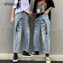 NYOOLO Harajuku стиль потертые крылья печатных джинсовые штаны Винтаж Высокая талия полная длина прямые джинсы для женщин мужчин ковбой уличная одежда