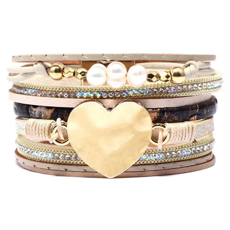 DIEZI New Multilayer Shell Heart Wrap Bracelets For Women Gift Magnet Buckle PU Leather Rhinestone Pearl Bracelets Bangles