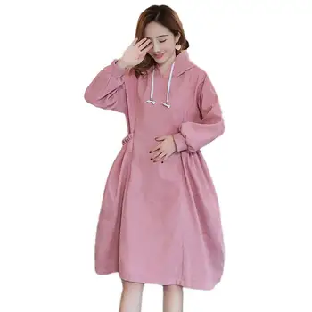 

2019 New Maternity Hooded Causal Nursing Dress Pregnancy Clothing Loose Long Sleeve Ruffles Pregnant Breast Feeding Dress Q313