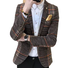 Men Designer Blazer Slim Fit Korean Male Plaid Blazer Masculino Tweed Button Casual mens Blazer Jacket Suit Takim Elbise Erkek