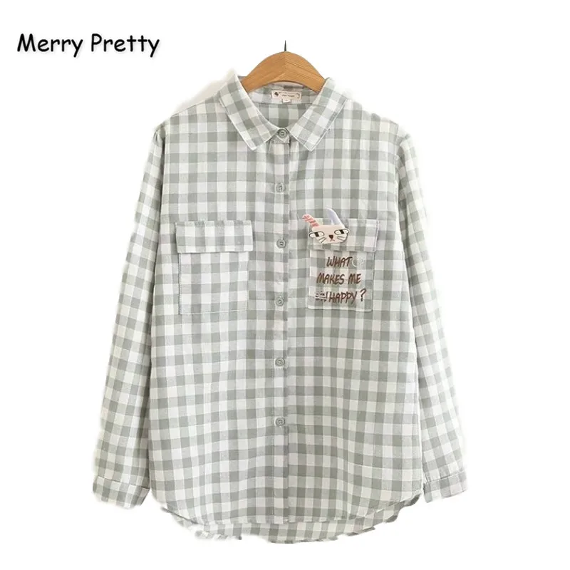 

Merry Pretty Cotton Women's Letter Embroidery Plaid Blouses And Tops 2019 Autumn Long Sleeve Turndown Collar Pockets Gray Blouse