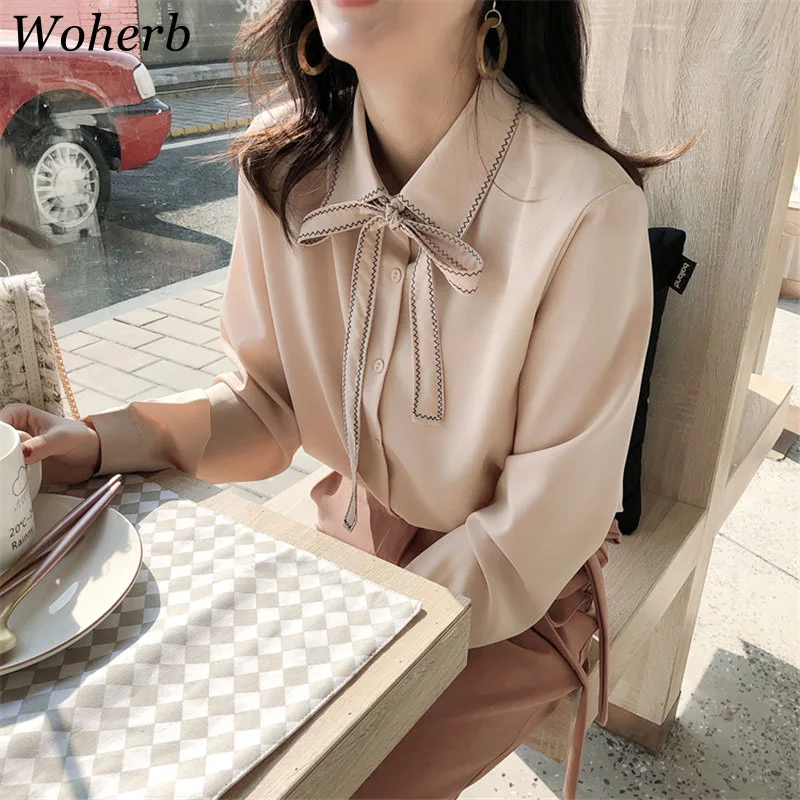  Woherb 2020 Spring Womens Tops and Blouses Casual Solid Shirt Ladies Top Blusa Elegant Bow Lacing K