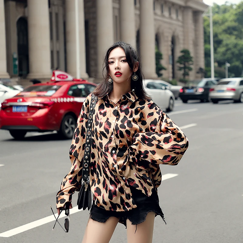 Винтаж леопардовым принтом Блузка Для женщин отложной воротник с длинными рукавами Дамы Блузки Топ уличная Рубашка с отворотом