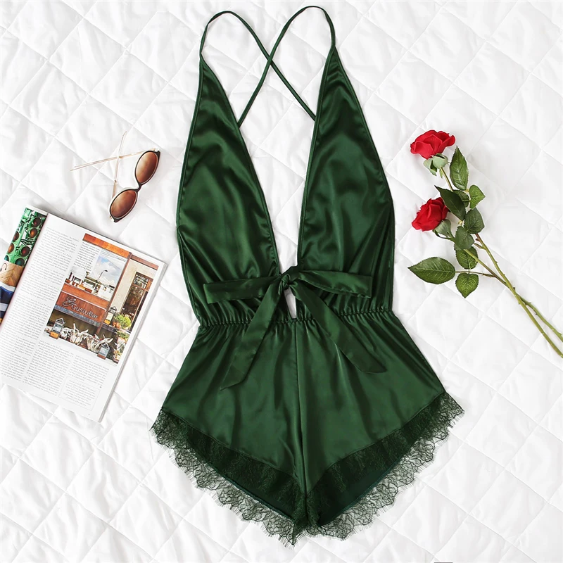 COLROVIE Pink Sexy Open Back Lace Teddy Pajamas Army Green Summer ...