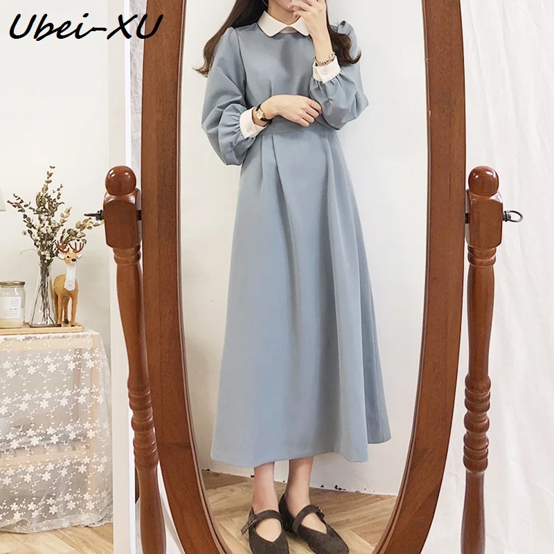 

Ubei New Spring and Autumn South Korea style slim dress high waist chiffon long dress pure color peter pan collar fashion dress