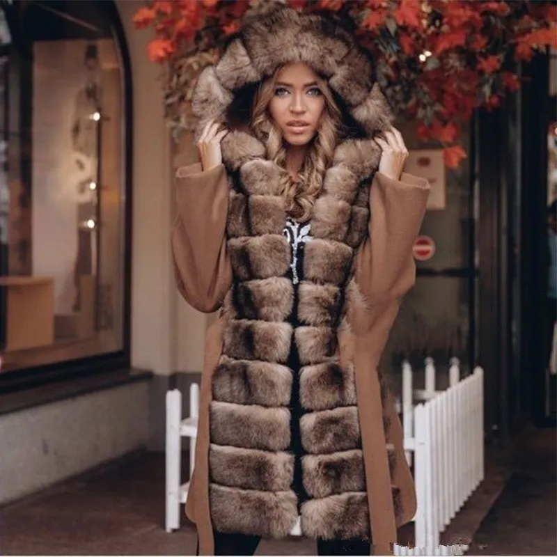 Женская меховая куртка с капюшоном из натурального меха, модная Роскошная Меховая куртка, высокое качество, однотонный цвет,, модная шерстяная зимняя куртка с воротником из натурального Лисьего меха