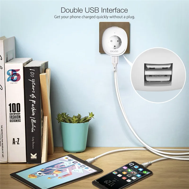 DIGOO DG-SP01 Dual USB Интерфейс штепсельная вилка европейского стандарта умная Wi-Fi розетка с светодиодный ночной Светильник APP дистанционного Управление, работает с Amazon Alexa Google