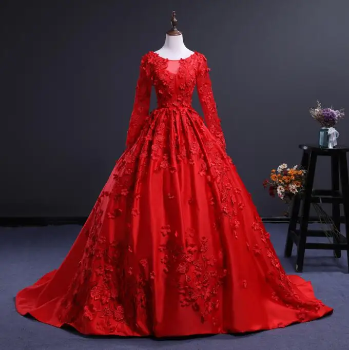 Красное свадебное платье с аппликацией, Новое поступление года, милое Пышное Бальное платье принцессы с длинными рукавами на весну и лето - Цвет: Красный
