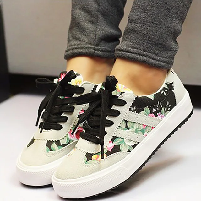 US $10.05 Women casual shoes fashion floral women sneakers breathable walking shoes Lace Up Trainers Flat can