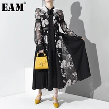 [EAM] Новинка, осенне-зимнее Свободное длинное платье со стоячим воротником и длинным рукавом, модное женское платье WD3550