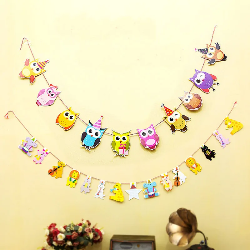 

Animal Owl Gril Clown Birthday Decor Paper Tassels Pompoms Boy Girl Happy Birthday Banner Baby Shower Kids Favors Party Supplies