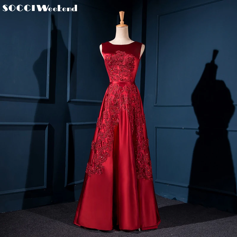 Wine Red Long Evening dress Satin Sexy backless A LINE bride wedding party dresses handmade lace
