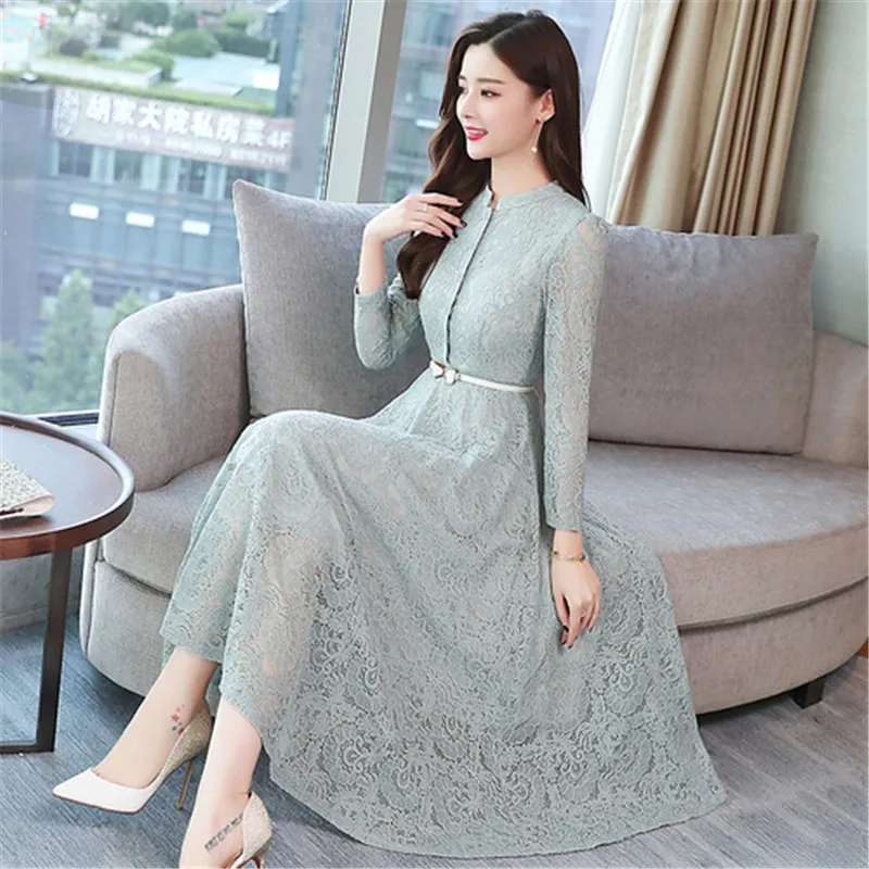 

2019 Autumn Winter Plus Size Vintage Lace Midi Dresses Women Elegant Bodycon Black Maxi Dress Party Long Sleeve Runway Vestidos