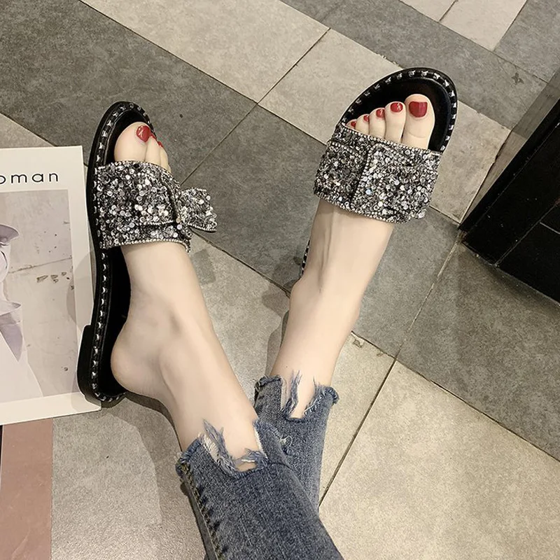 

SAILING LU Slides Women Summer Casual Rhinestone Bling Slip on Outside Slippers Crystal Beach Ladies Shoe Female Creeper XWT1780