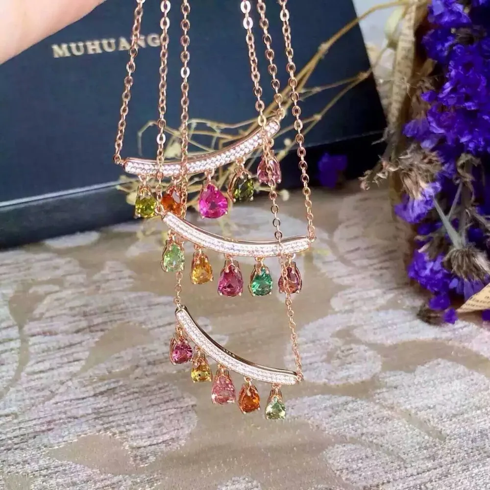 Натуральный многоцветный Турмалин Цепочки и ожерелья Природный камень кулон Цепочки и ожерелья S925 Silver Элегантная Мода улыбающееся лицо