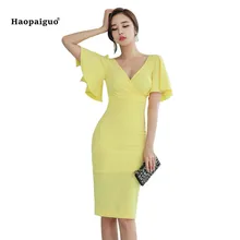2018 Plus Size Solid Pencil Dress Summer Women Yellow Flare Sleeve V-neck Knee-length Vintage Elegant Dress Office Party Dress 2018 Plus Size Solid Pencil Dress Summer Women Yellow Flare Sleeve V-neck Knee-length Vintage Elegant Dress Office Party Dress