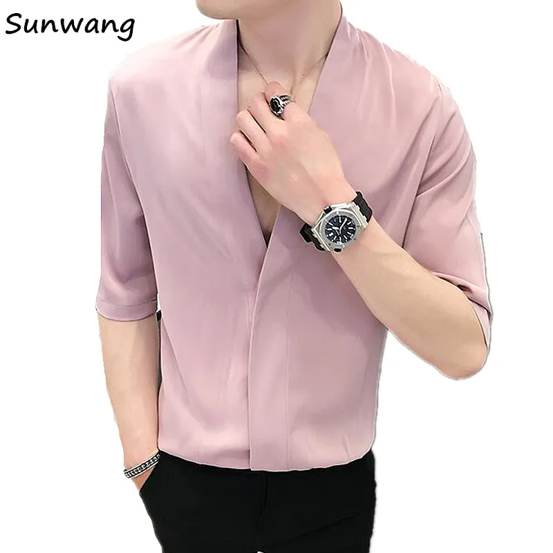 

Summer Dress Young Mens Clothing Deep V Neck Sexy Stylish Mens Fashion Shirts Slim Fit Popular Hawaiian Male Shirt Casual Men