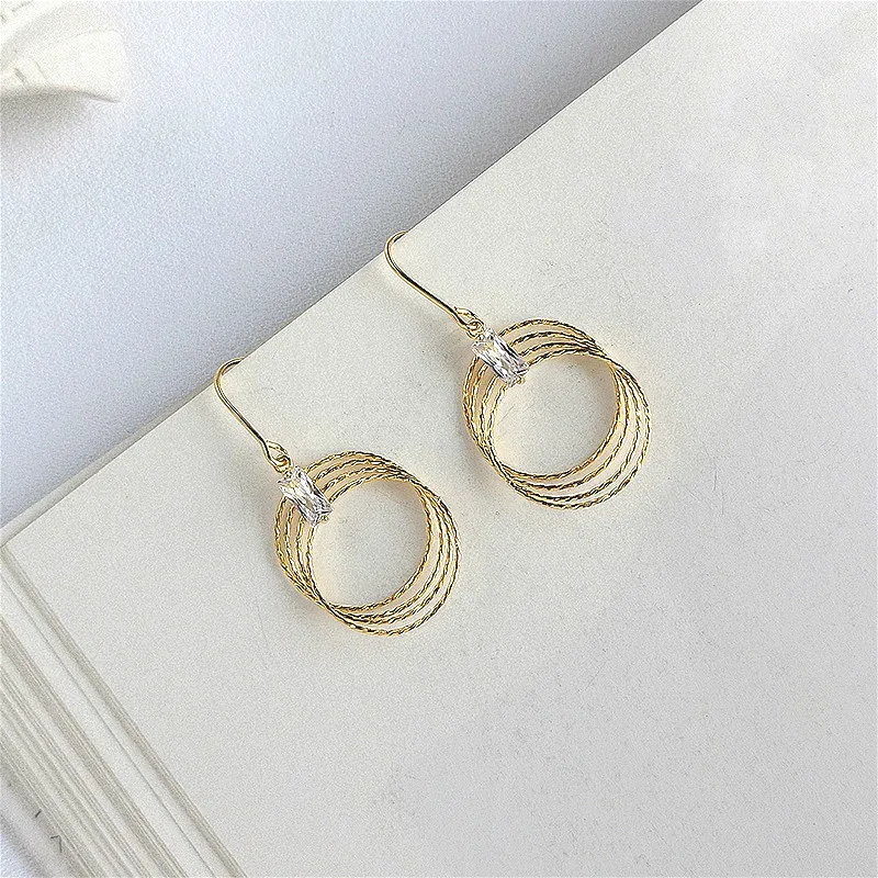 

Fengxiaoling European Style 925 Sterling Silver Golden Circle Drop Earrings Exaggerated Multiple Round Earrings For Wome Jewelry