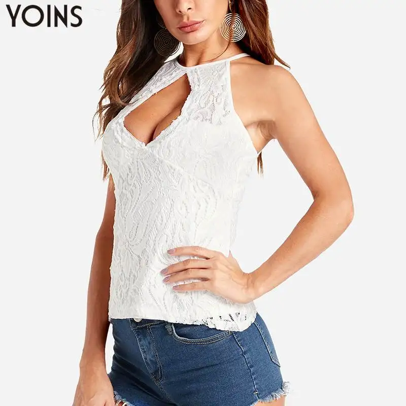 YONIS 2019 الصيف النساء الدانتيل تانك القمم عارضة الصلبة الإناث مثير أكمام الجوف خارج الرسن الرقبة Bodycon كامي أعلى زائد حجم 2XL