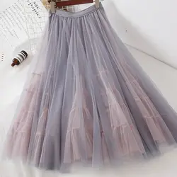 Горячая Цветочная сетка тюль длинная Плиссированная юбка 2019 Новая женская высокое качество трапециевидная кружевная сетчатая юбка летняя