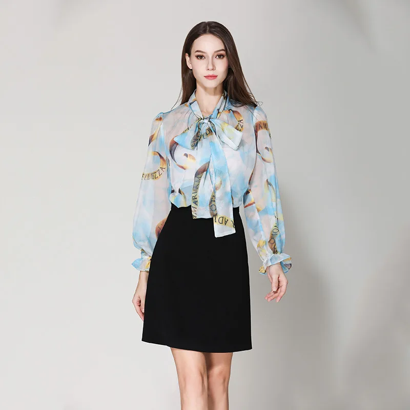 

2019 Summer women's chiffon Shirts Chic bowtie flare sleeve blouses Top A310