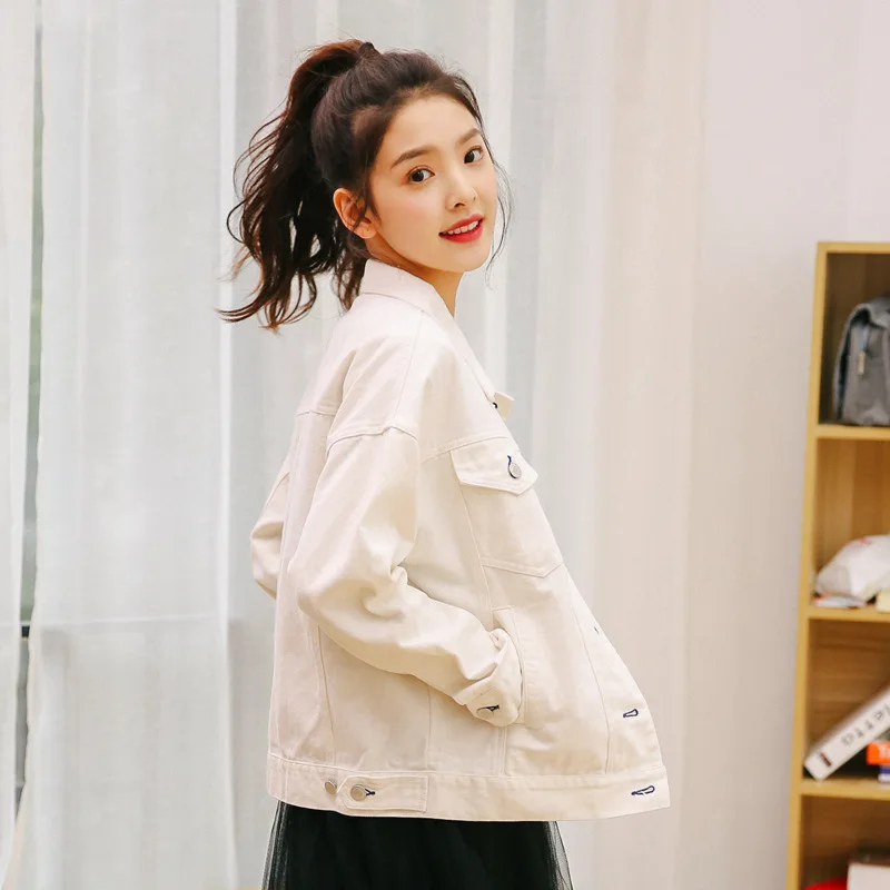 

2018 Spring Long Sleeve Pocket Short Casual Denim Jacket Women White Pink Soild Short Denim Jacket