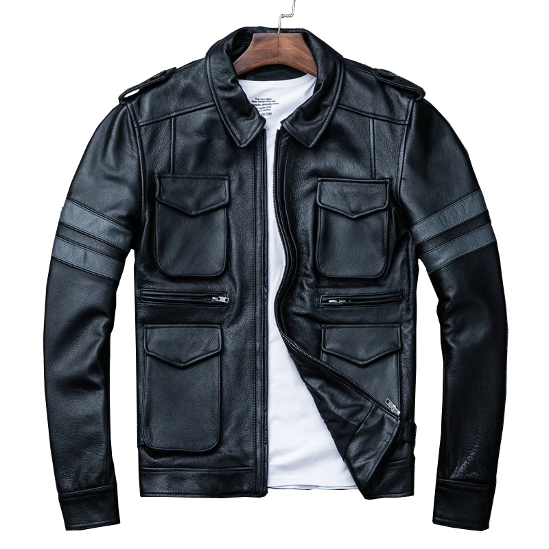 

2019 Black Men Genuine Leather Jacket Plus Size XXXL Thick Cowhide Winter Russian Slim Fit Casual Leather Coat FREE SHIPPING